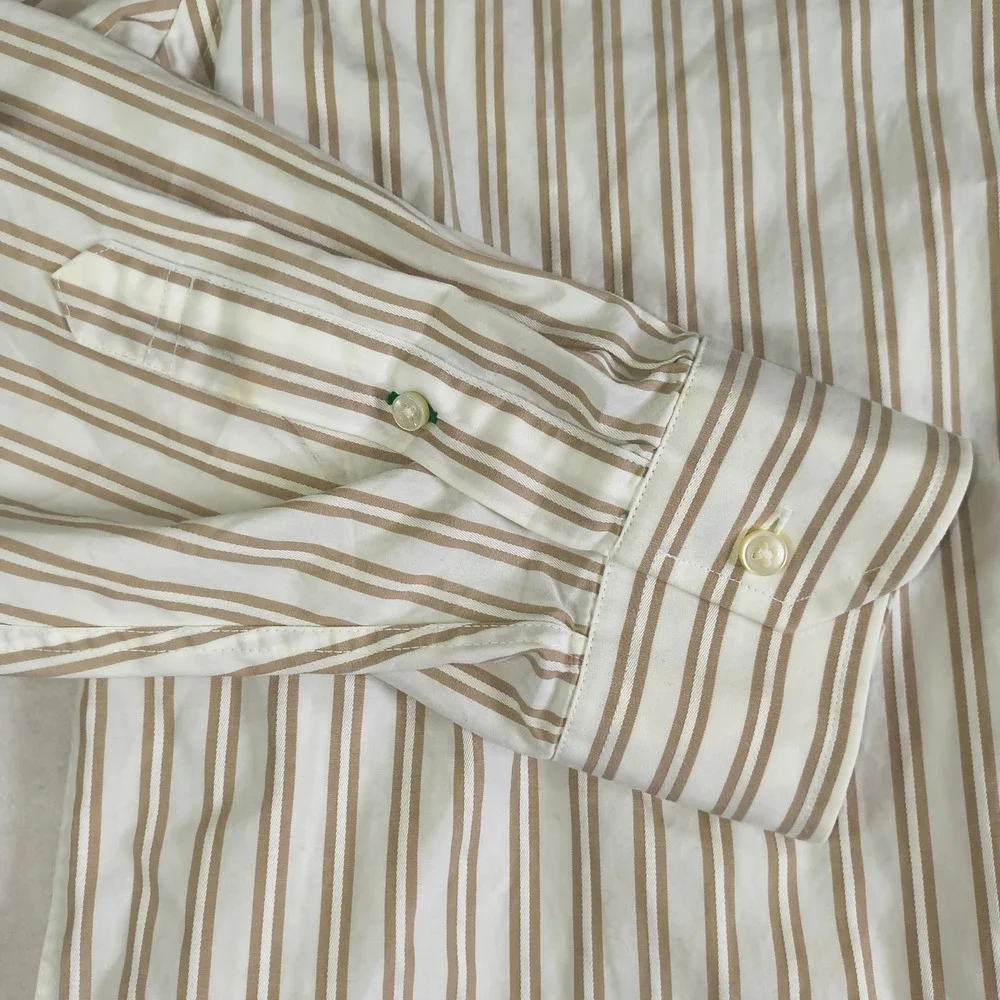 Tommy Hilfiger Mens XL Tan Stripe Button‎ Down Shirt 80s Two Ply Cotton